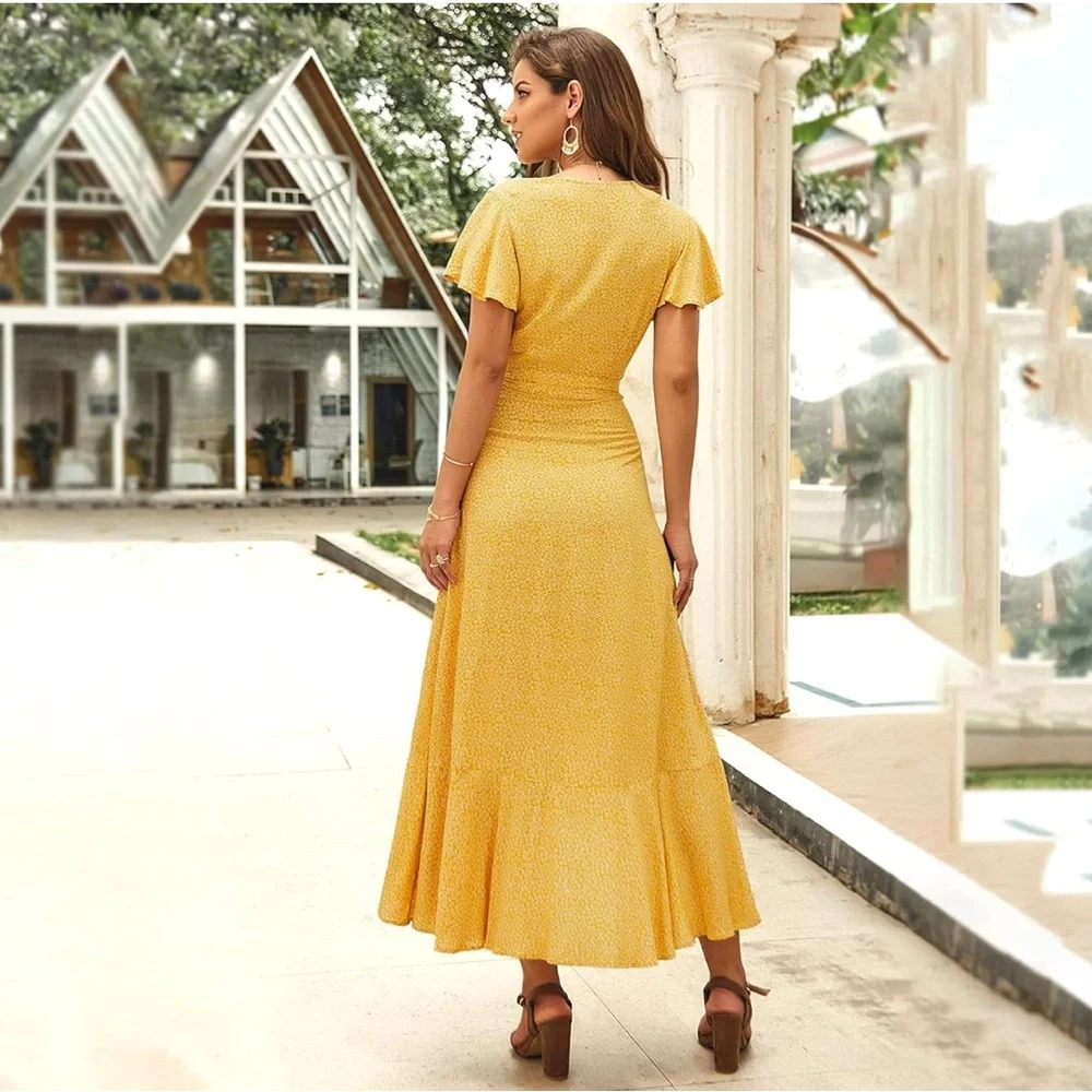 Summer Yellow Ruffle Wrap Dress - Picture 3 of 5